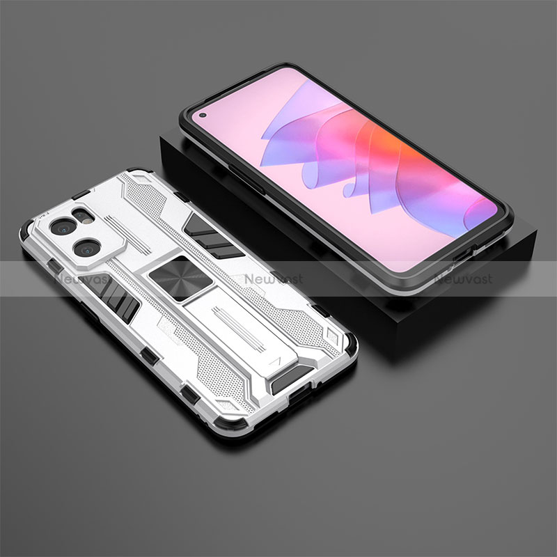 Silicone Matte Finish and Plastic Back Cover Case with Magnetic Stand T01 for Oppo Reno7 SE 5G White