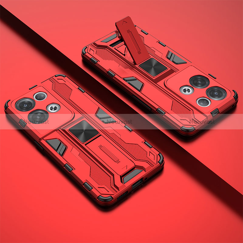 Silicone Matte Finish and Plastic Back Cover Case with Magnetic Stand T01 for Oppo Reno8 Pro 5G Red