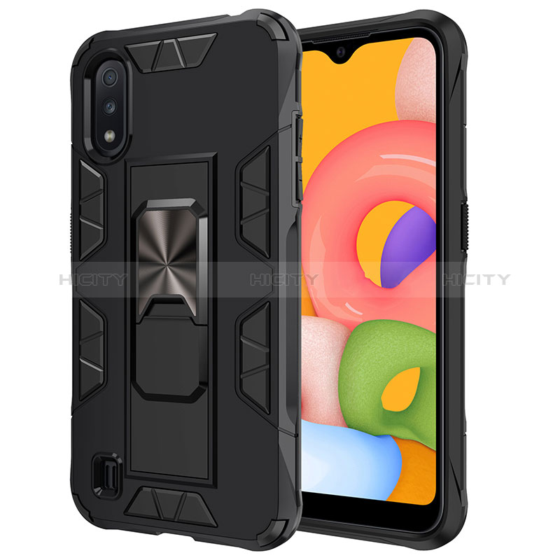 Silicone Matte Finish and Plastic Back Cover Case with Magnetic Stand T01 for Samsung Galaxy A01 SM-A015 Black