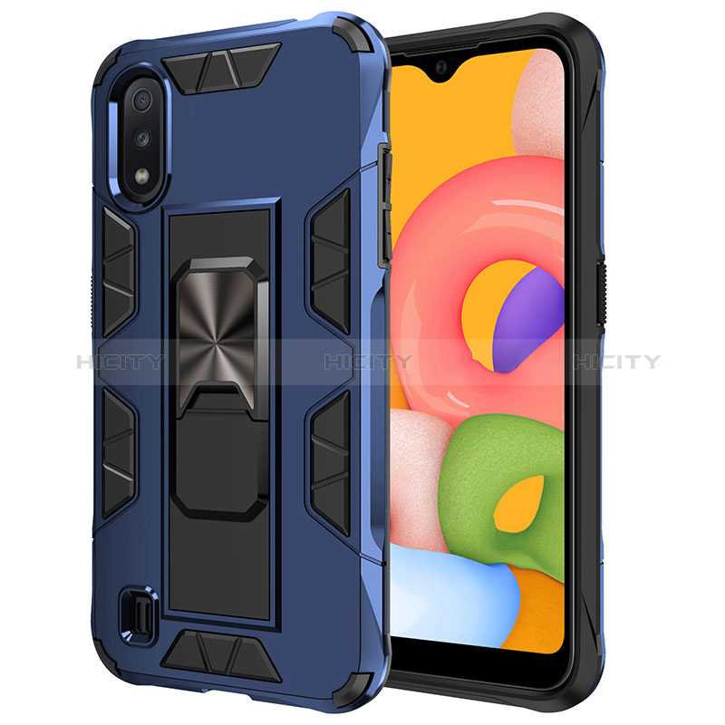 Silicone Matte Finish and Plastic Back Cover Case with Magnetic Stand T01 for Samsung Galaxy A01 SM-A015 Blue