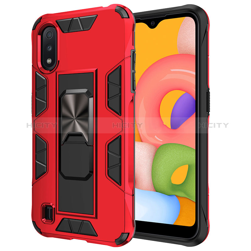 Silicone Matte Finish and Plastic Back Cover Case with Magnetic Stand T01 for Samsung Galaxy A01 SM-A015 Red