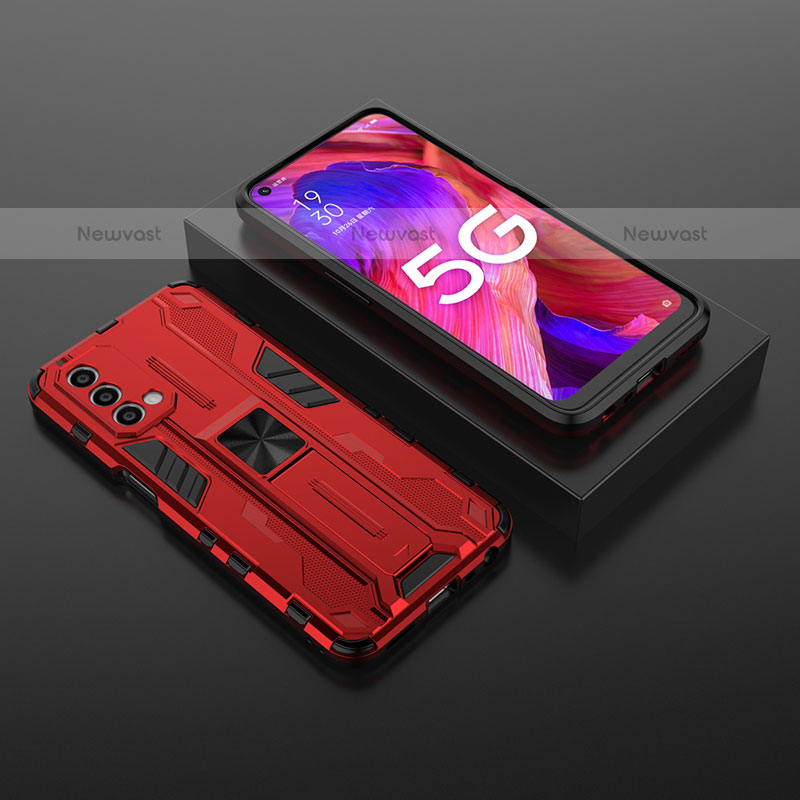 Silicone Matte Finish and Plastic Back Cover Case with Magnetic Stand T02 for OnePlus Nord N200 5G Red