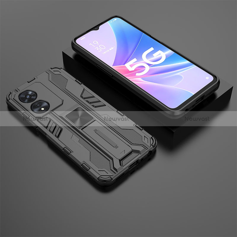 Silicone Matte Finish and Plastic Back Cover Case with Magnetic Stand T02 for Oppo A58 5G