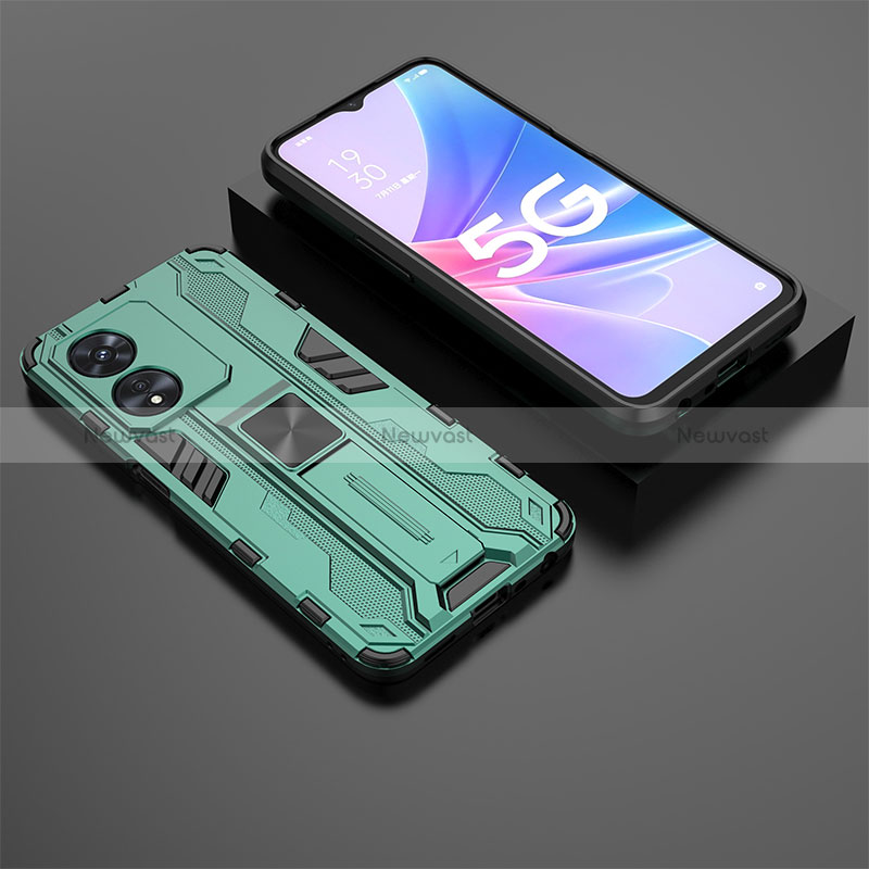 Silicone Matte Finish and Plastic Back Cover Case with Magnetic Stand T02 for Oppo A58x 5G
