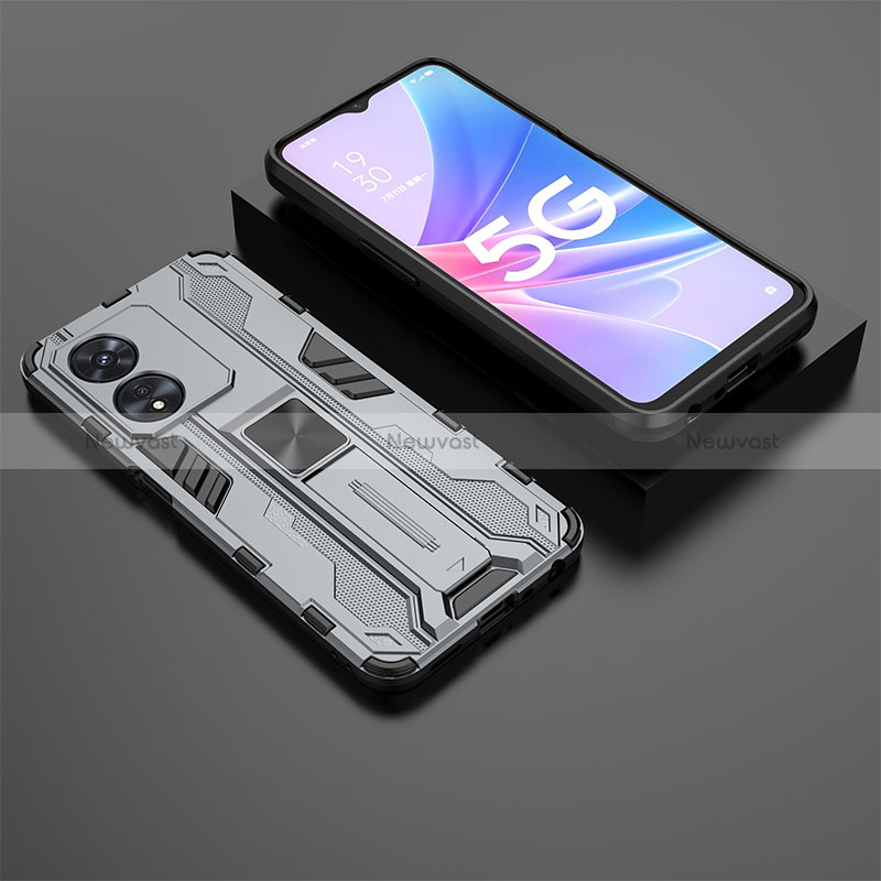 Silicone Matte Finish and Plastic Back Cover Case with Magnetic Stand T02 for Oppo A78 5G Gray