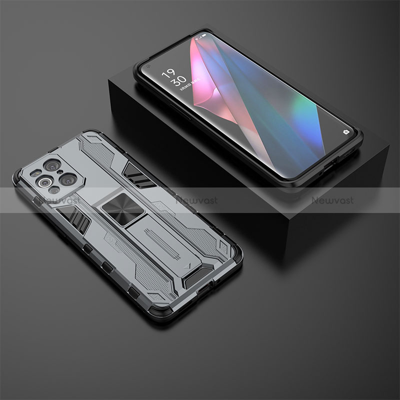 Silicone Matte Finish and Plastic Back Cover Case with Magnetic Stand T02 for Oppo Find X3 5G Gray
