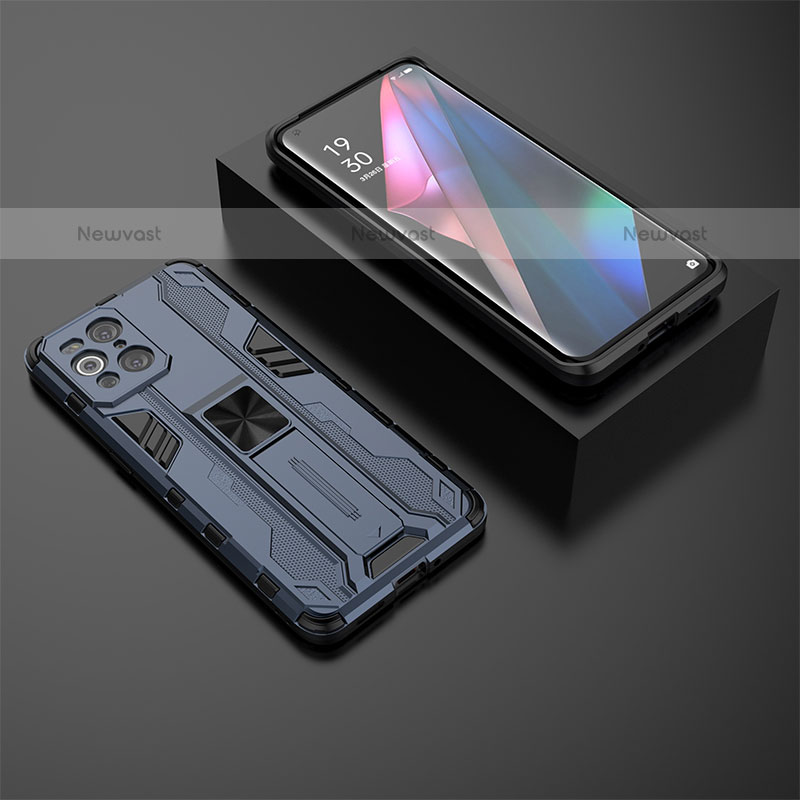 Silicone Matte Finish and Plastic Back Cover Case with Magnetic Stand T02 for Oppo Find X3 Pro 5G Blue