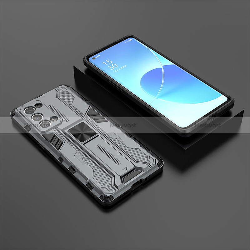 Silicone Matte Finish and Plastic Back Cover Case with Magnetic Stand T02 for Oppo Reno6 Pro 5G Gray