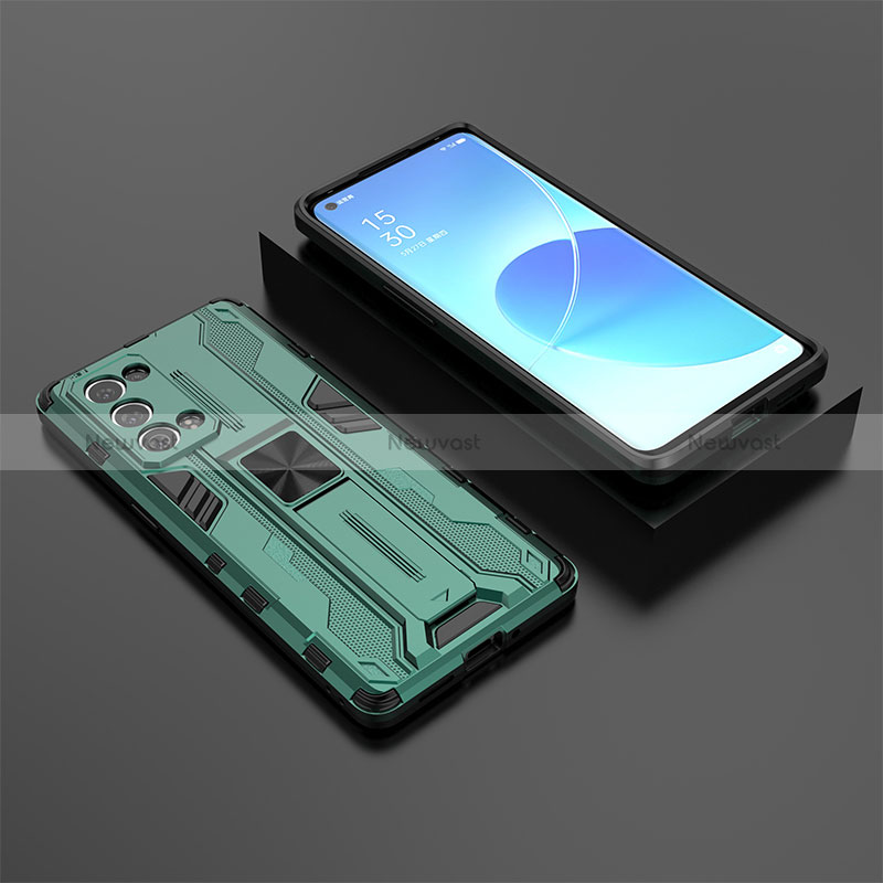 Silicone Matte Finish and Plastic Back Cover Case with Magnetic Stand T02 for Oppo Reno6 Pro 5G Green
