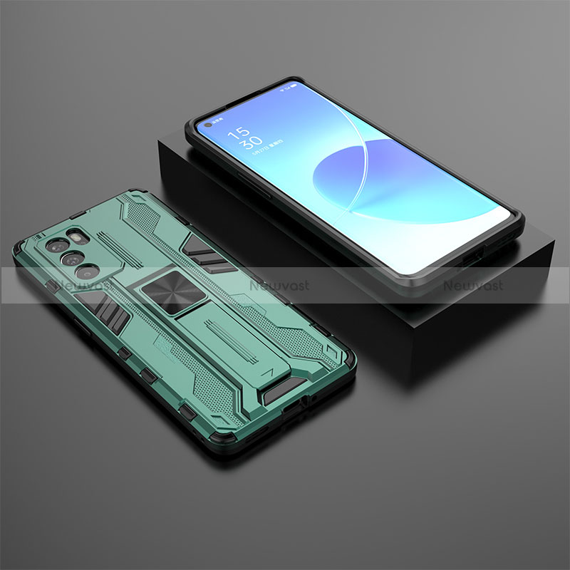 Silicone Matte Finish and Plastic Back Cover Case with Magnetic Stand T02 for Oppo Reno6 Pro 5G India