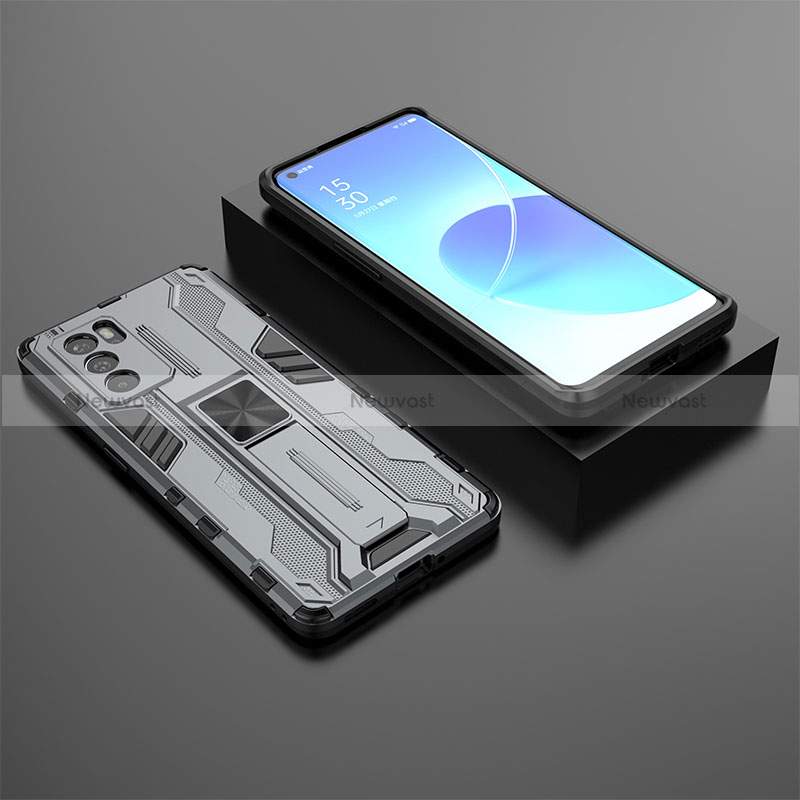 Silicone Matte Finish and Plastic Back Cover Case with Magnetic Stand T02 for Oppo Reno6 Pro 5G India