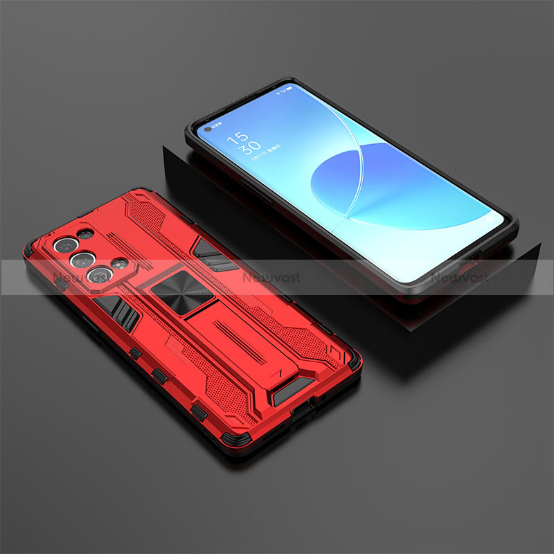 Silicone Matte Finish and Plastic Back Cover Case with Magnetic Stand T02 for Oppo Reno6 Pro+ Plus 5G