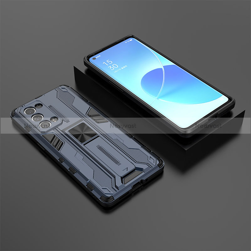 Silicone Matte Finish and Plastic Back Cover Case with Magnetic Stand T02 for Oppo Reno6 Pro+ Plus 5G Blue