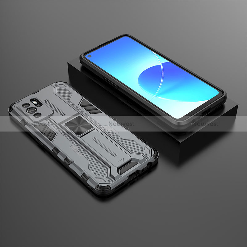Silicone Matte Finish and Plastic Back Cover Case with Magnetic Stand T02 for Oppo Reno6 Z 5G Gray