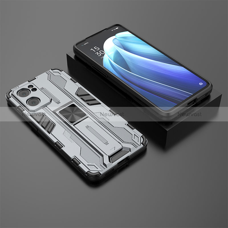 Silicone Matte Finish and Plastic Back Cover Case with Magnetic Stand T02 for Oppo Reno7 5G