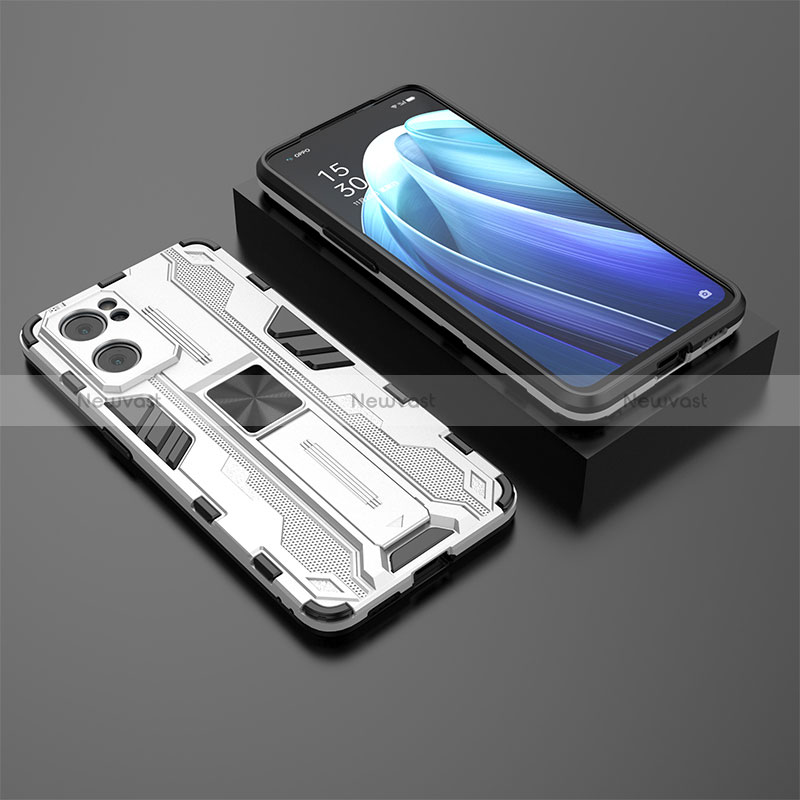 Silicone Matte Finish and Plastic Back Cover Case with Magnetic Stand T02 for Oppo Reno7 5G