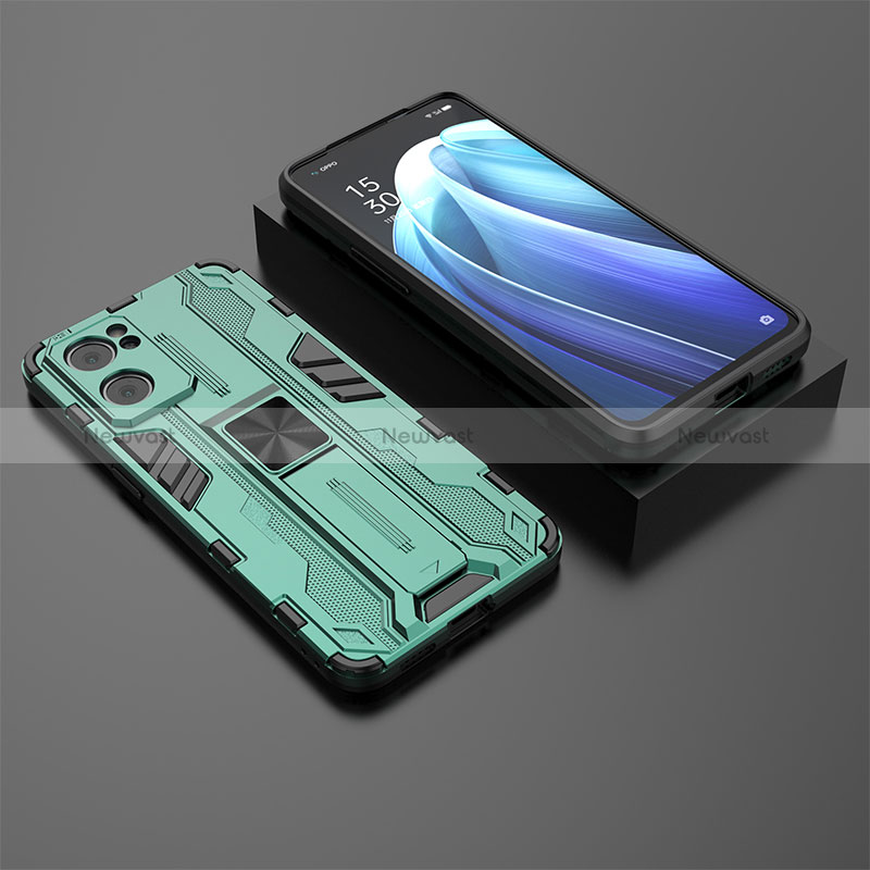 Silicone Matte Finish and Plastic Back Cover Case with Magnetic Stand T02 for Oppo Reno7 5G Green