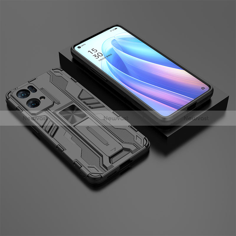 Silicone Matte Finish and Plastic Back Cover Case with Magnetic Stand T02 for Oppo Reno7 Pro 5G Black