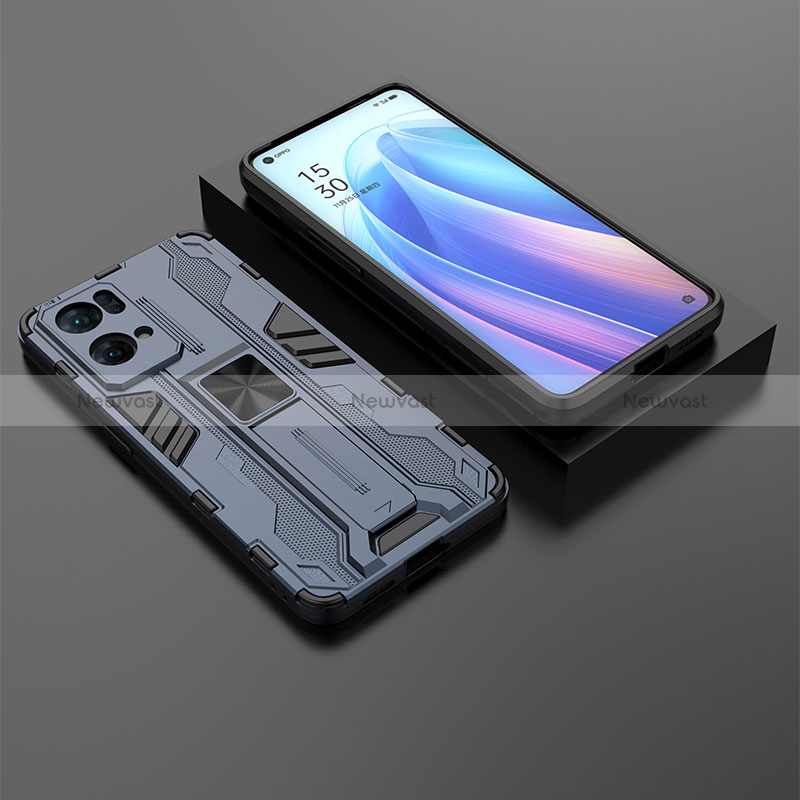 Silicone Matte Finish and Plastic Back Cover Case with Magnetic Stand T02 for Oppo Reno7 Pro 5G Blue