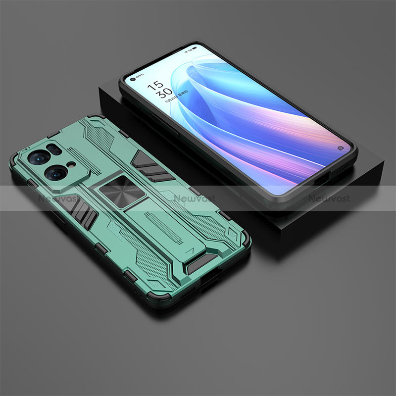 Silicone Matte Finish and Plastic Back Cover Case with Magnetic Stand T02 for Oppo Reno7 Pro 5G Green