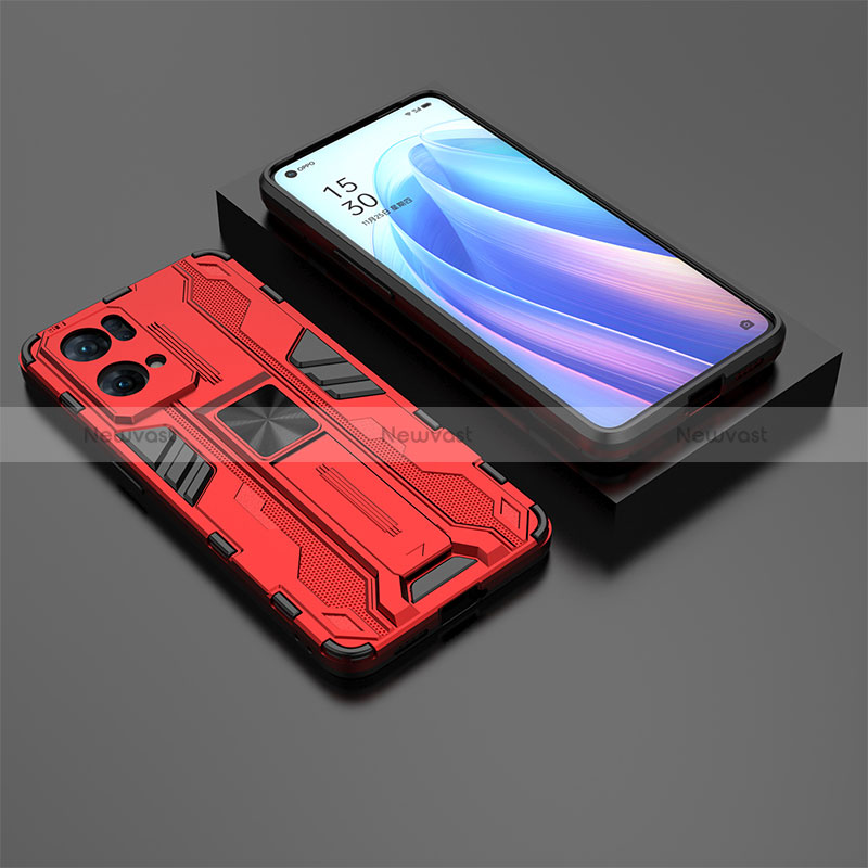 Silicone Matte Finish and Plastic Back Cover Case with Magnetic Stand T02 for Oppo Reno7 Pro 5G Red