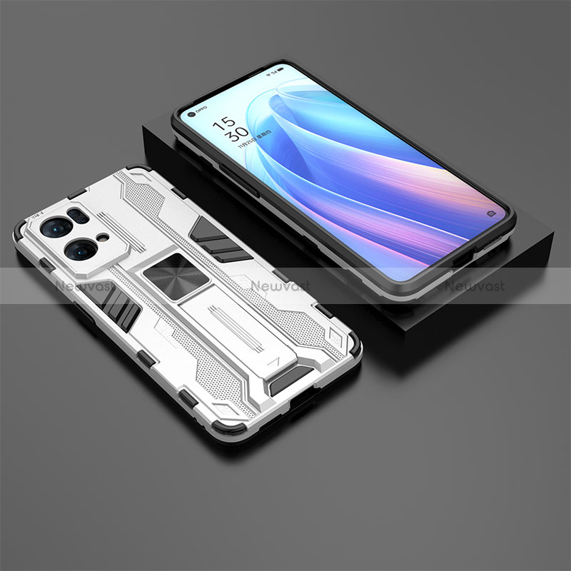 Silicone Matte Finish and Plastic Back Cover Case with Magnetic Stand T02 for Oppo Reno7 Pro 5G White