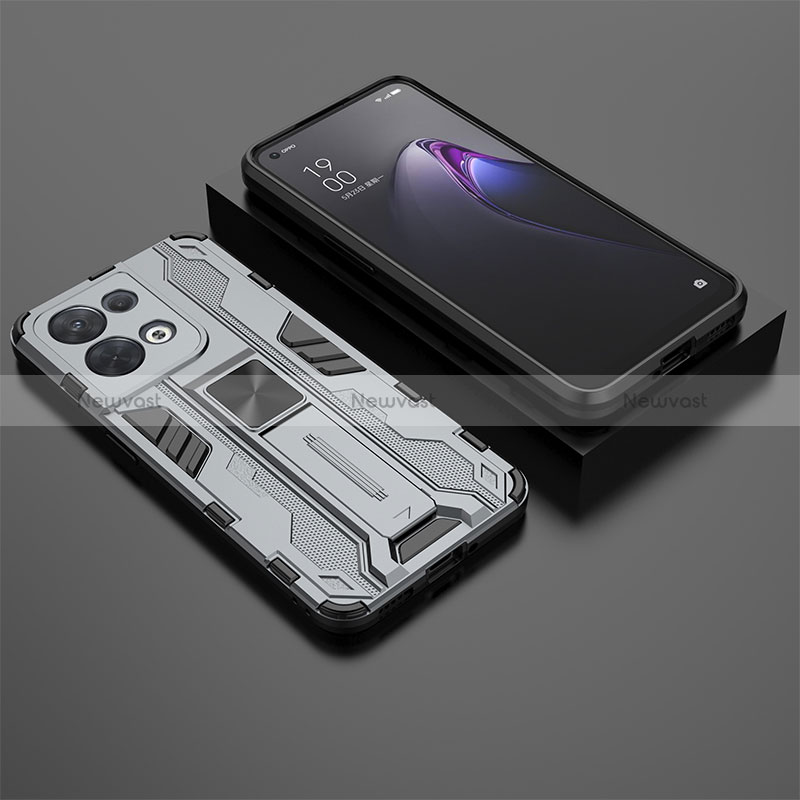 Silicone Matte Finish and Plastic Back Cover Case with Magnetic Stand T02 for Oppo Reno8 5G Gray