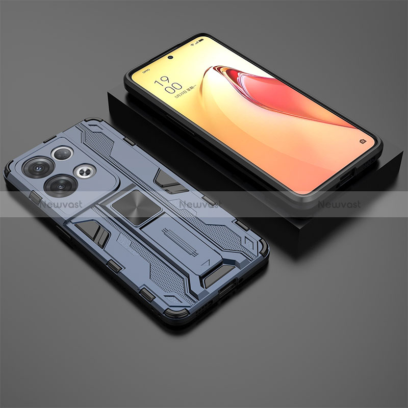 Silicone Matte Finish and Plastic Back Cover Case with Magnetic Stand T02 for Oppo Reno8 Pro 5G Blue