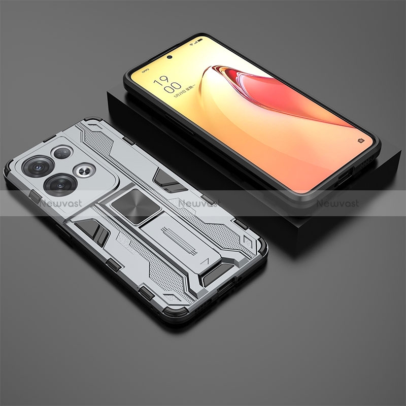 Silicone Matte Finish and Plastic Back Cover Case with Magnetic Stand T02 for Oppo Reno8 Pro 5G Gray