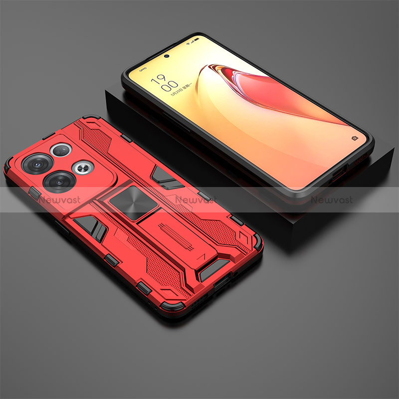 Silicone Matte Finish and Plastic Back Cover Case with Magnetic Stand T02 for Oppo Reno8 Pro 5G Red