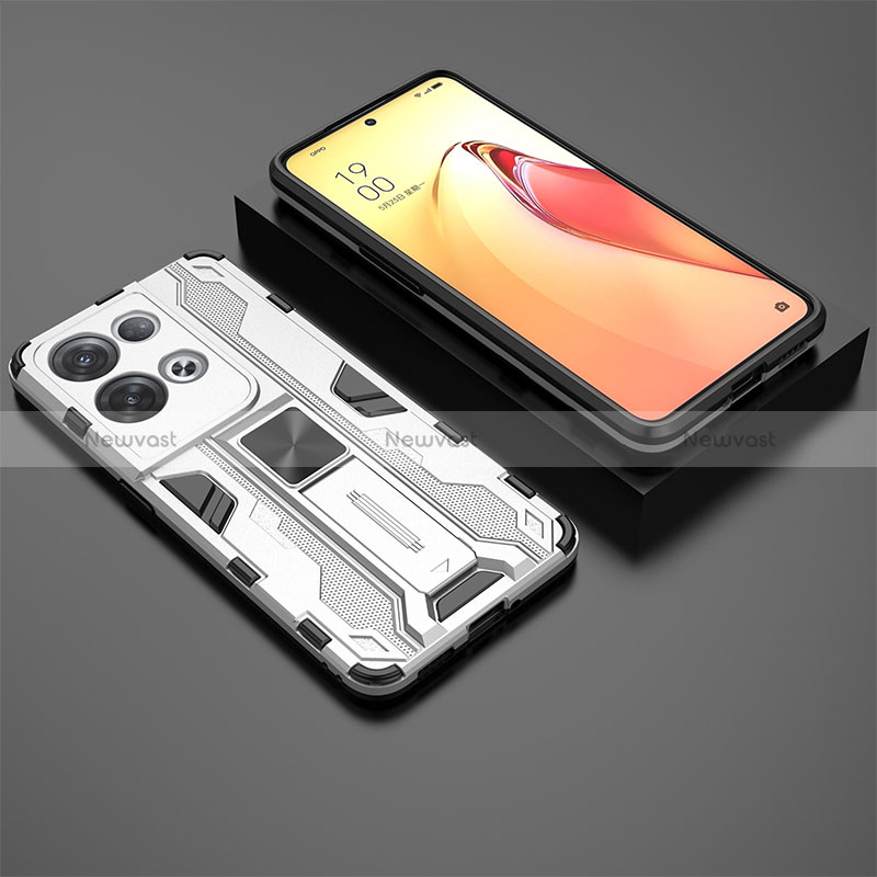 Silicone Matte Finish and Plastic Back Cover Case with Magnetic Stand T02 for Oppo Reno8 Pro 5G White