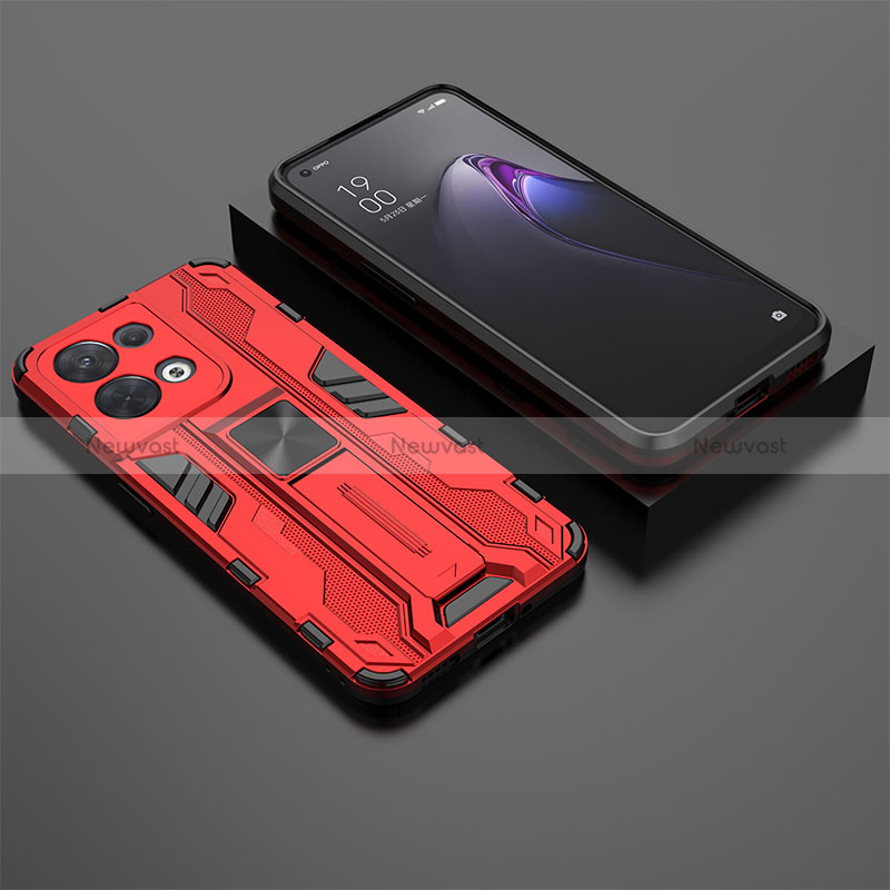 Silicone Matte Finish and Plastic Back Cover Case with Magnetic Stand T02 for Oppo Reno9 5G Red
