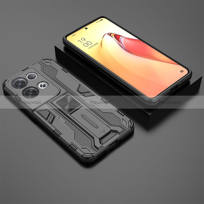 Silicone Matte Finish and Plastic Back Cover Case with Magnetic Stand T02 for Oppo Reno9 Pro+ Plus 5G Black