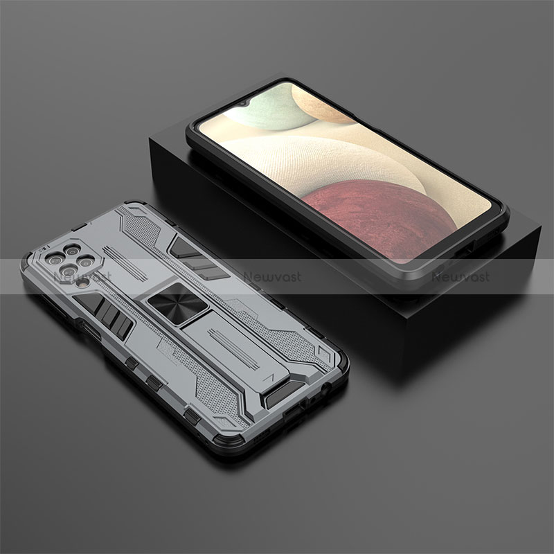 Silicone Matte Finish and Plastic Back Cover Case with Magnetic Stand T02 for Samsung Galaxy A12 Nacho Gray