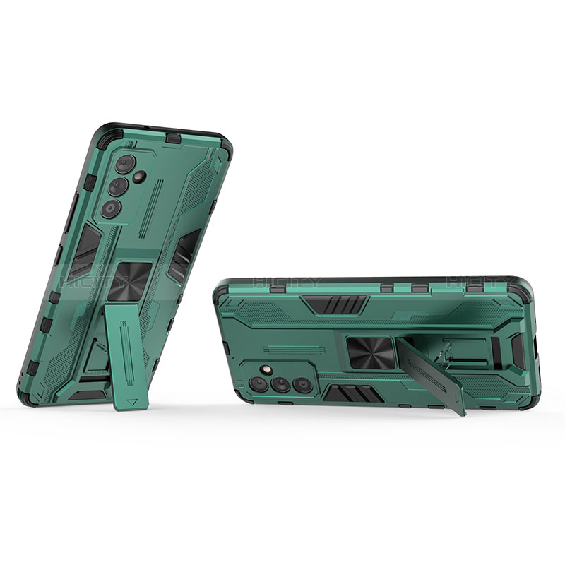 Silicone Matte Finish and Plastic Back Cover Case with Magnetic Stand T02 for Samsung Galaxy A25 5G Green