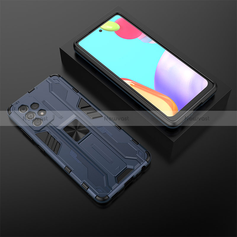 Silicone Matte Finish and Plastic Back Cover Case with Magnetic Stand T02 for Samsung Galaxy A52 5G Blue