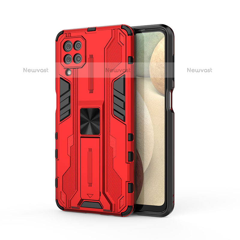 Silicone Matte Finish and Plastic Back Cover Case with Magnetic Stand T04 for Samsung Galaxy A12