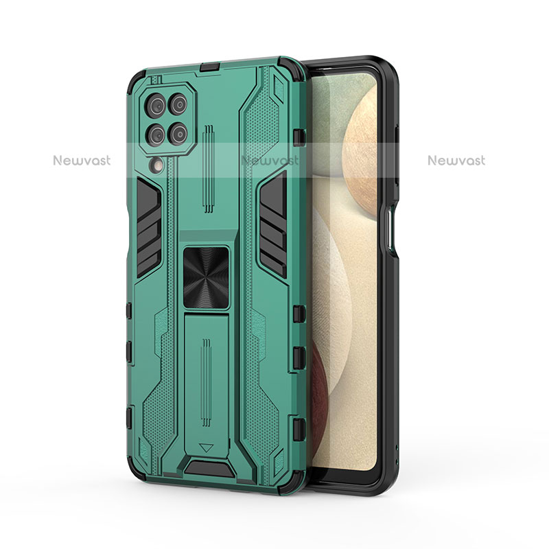 Silicone Matte Finish and Plastic Back Cover Case with Magnetic Stand T04 for Samsung Galaxy A12 Green