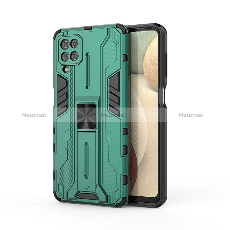 Silicone Matte Finish and Plastic Back Cover Case with Magnetic Stand T04 for Samsung Galaxy M12 Green