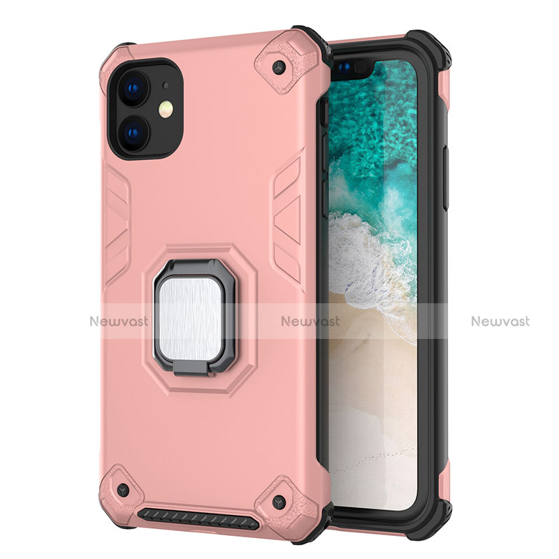 Silicone Matte Finish and Plastic Back Cover Case with Magnetic Stand Z01 for Apple iPhone 11 Rose Gold
