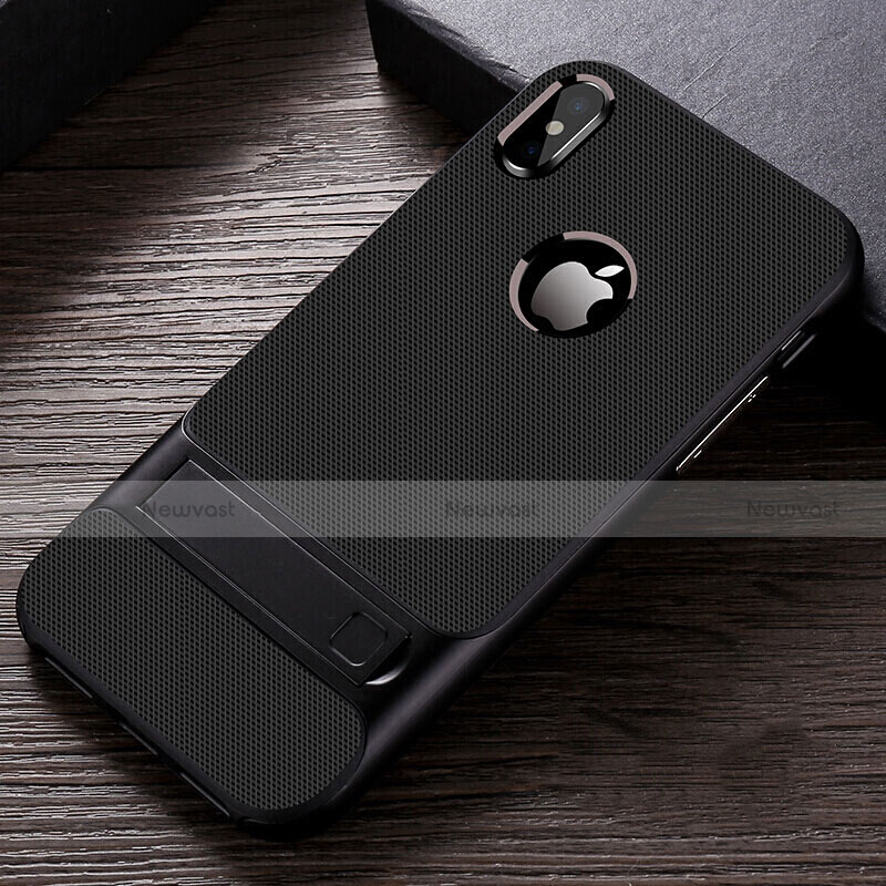 Silicone Matte Finish and Plastic Back Cover Case with Stand A01 for Apple iPhone X Black