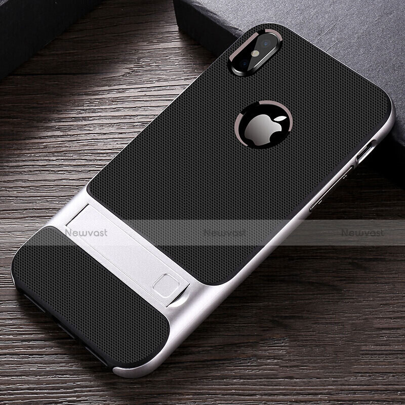 Silicone Matte Finish and Plastic Back Cover Case with Stand A01 for Apple iPhone X Silver