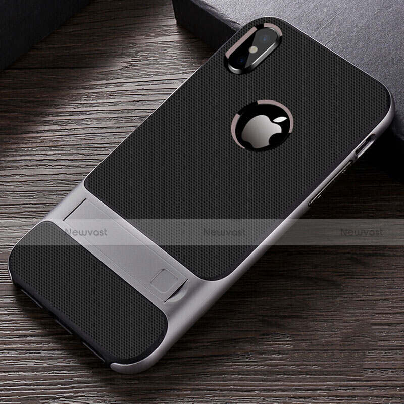 Silicone Matte Finish and Plastic Back Cover Case with Stand A01 for Apple iPhone Xs Gray