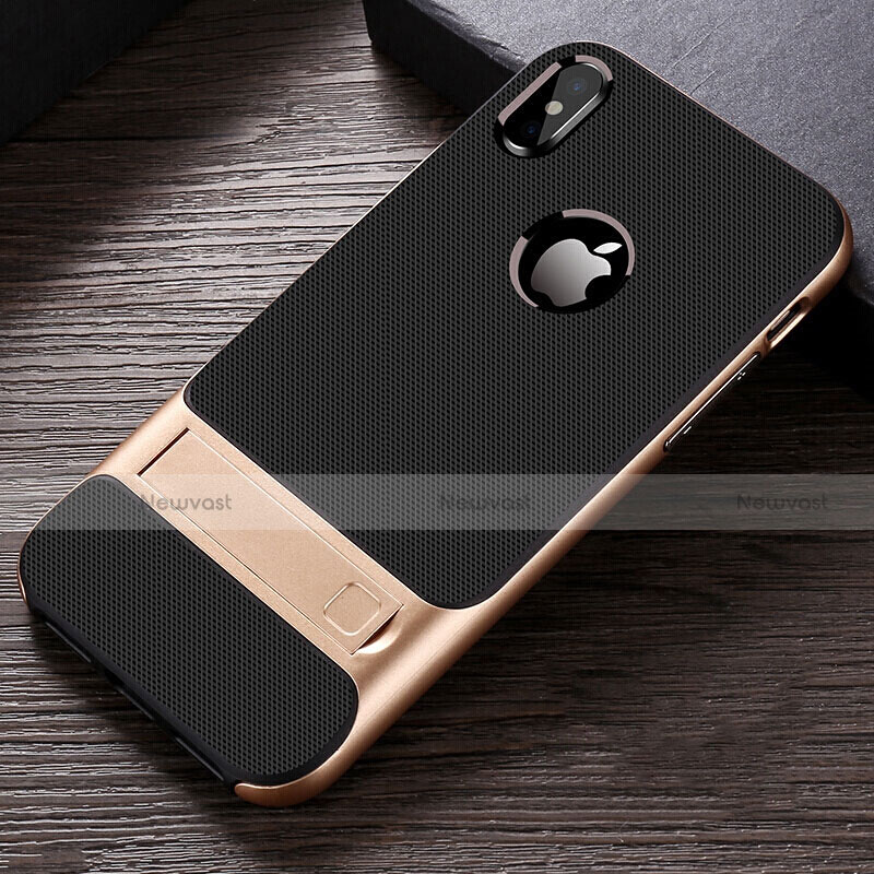 Silicone Matte Finish and Plastic Back Cover Case with Stand A01 for Apple iPhone Xs Max Gold