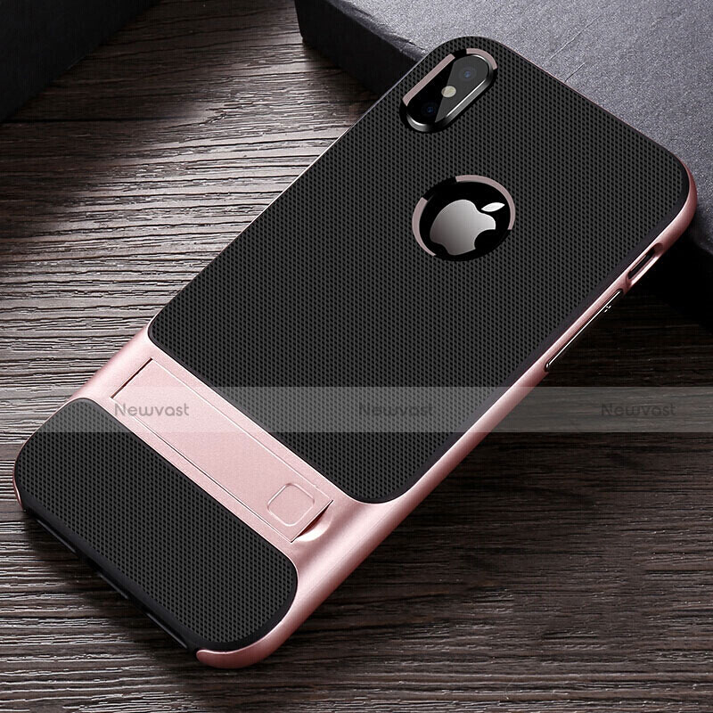 Silicone Matte Finish and Plastic Back Cover Case with Stand A01 for Apple iPhone Xs Max Rose Gold