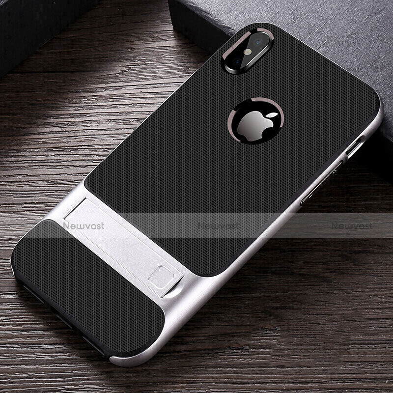 Silicone Matte Finish and Plastic Back Cover Case with Stand A01 for Apple iPhone Xs Max Silver