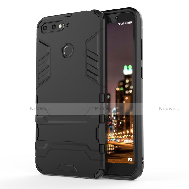 Silicone Matte Finish and Plastic Back Cover Case with Stand A01 for Huawei Enjoy 8e Black