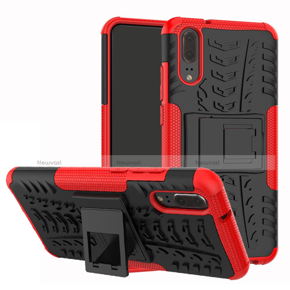 Silicone Matte Finish and Plastic Back Cover Case with Stand A01 for Huawei P20 Red