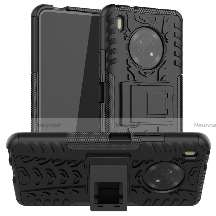 Silicone Matte Finish and Plastic Back Cover Case with Stand A01 for Huawei Y9a Black