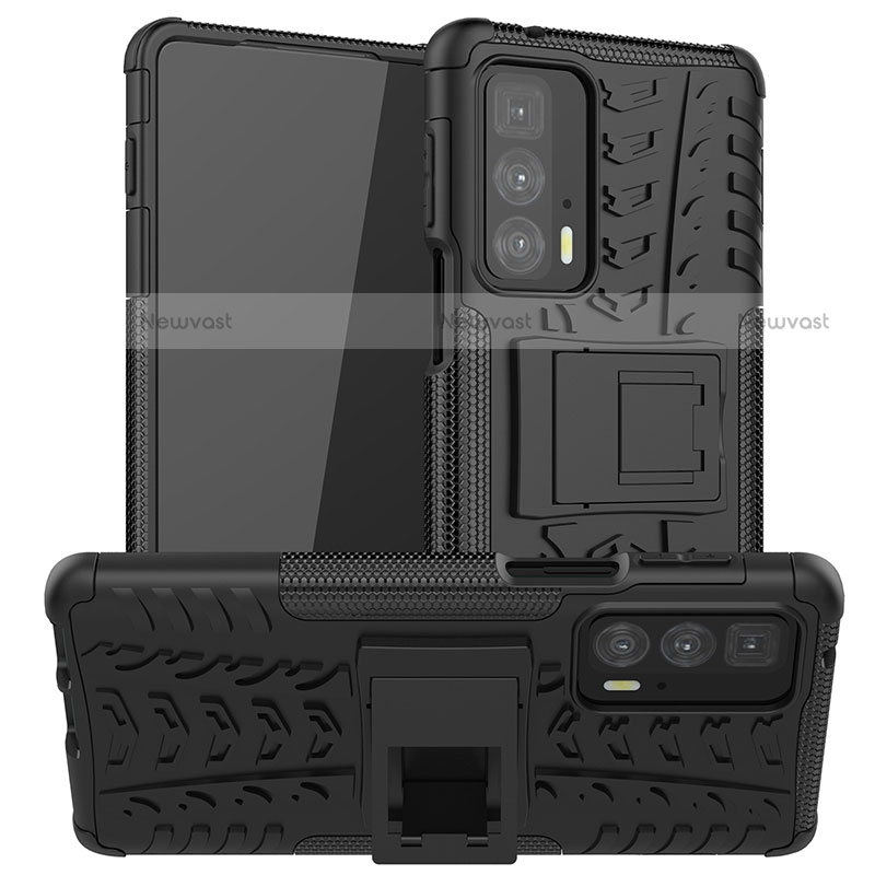 Silicone Matte Finish and Plastic Back Cover Case with Stand A01 for Motorola Moto Edge 20 Pro 5G Black